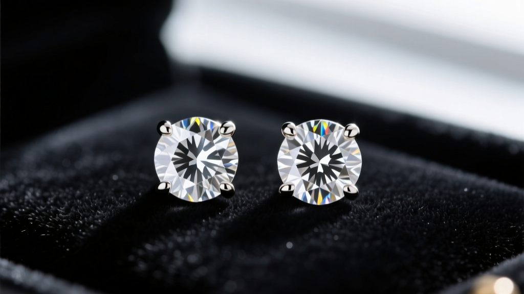 Close-up of 1-carat round brilliant diamond stud earrings in a 14k white gold four-prong martini setting on dark velvet.