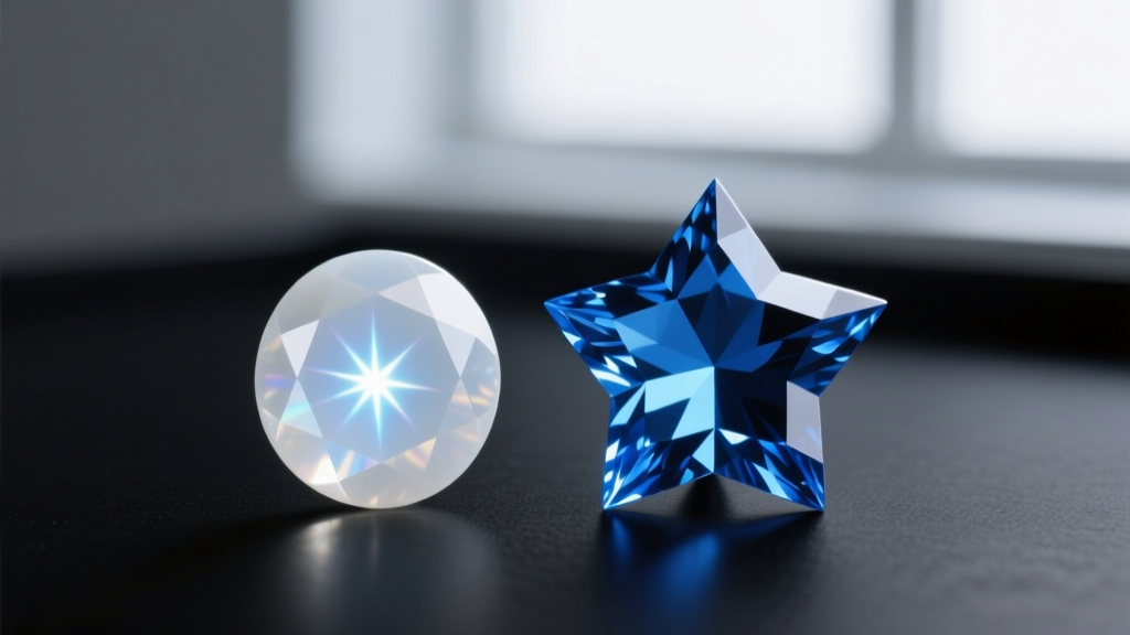 Macro view comparing a milky cabochon star sapphire with a sharply faceted blue sapphire gemstone cut into a crisp geometric star.
