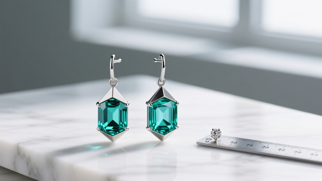 Titanium dangle earrings with angular emerald-cut aquamarine gems resting on white marble beside a small jewelry measuring ruler.