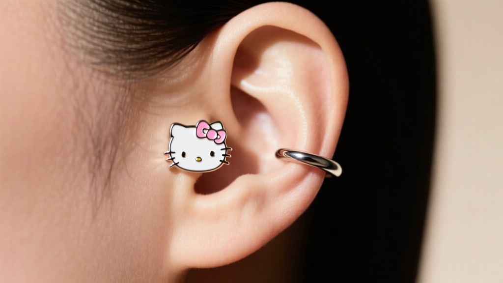 Side profile showcasing a curated ear stack with a small Hello Kitty earring on the upper lobe and a seamless titanium helix hoop