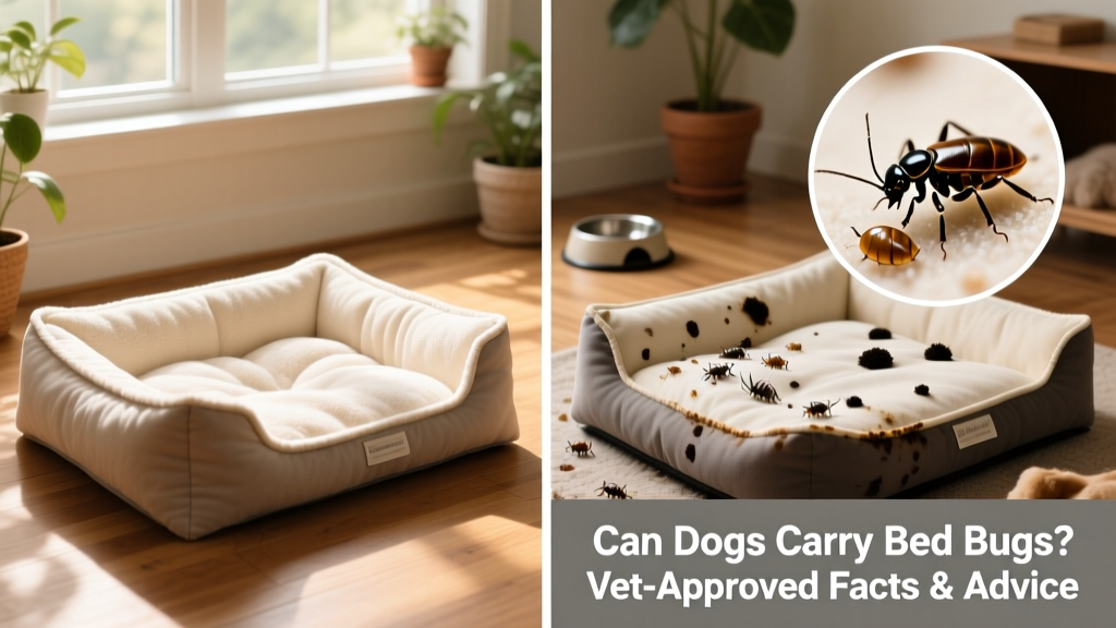 Side-by-side comparison: clean dog bed vs. bed with signs of bed bug activity (e.g., dark spots, shed skins)