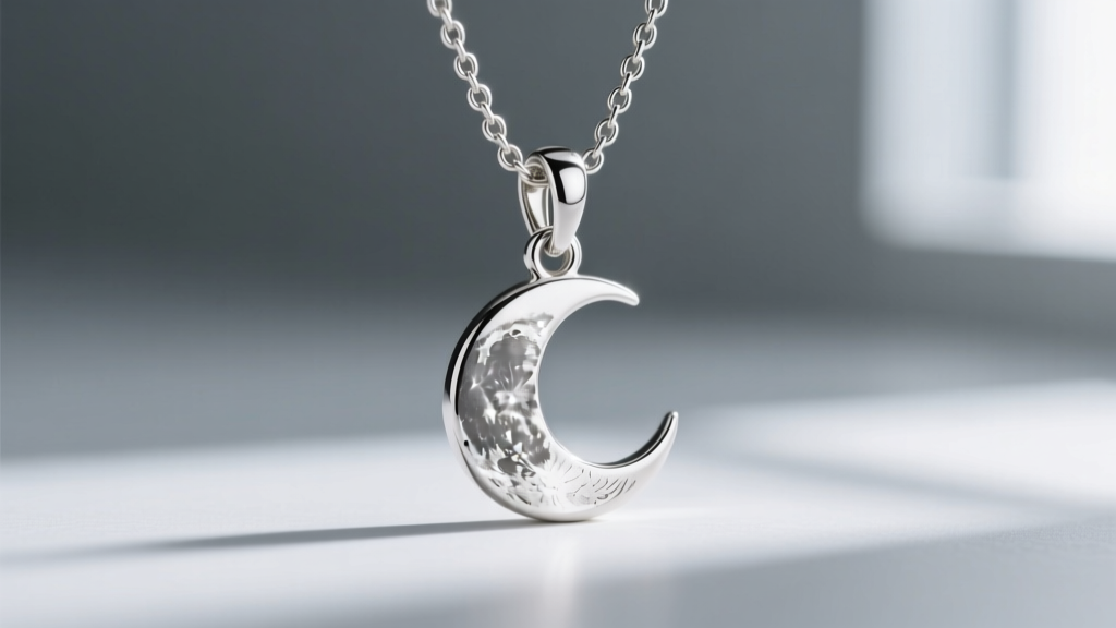 Macro shot of a sterling silver moon pendant clasp, showing a secure lobster clasp attached to a delicate 1.2mm rolo chain link.