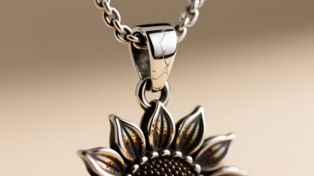 Macro view of silver box chain clasp and jump ring on sunflower pendant bail, highlighting subtle metal wear and dark oxidation