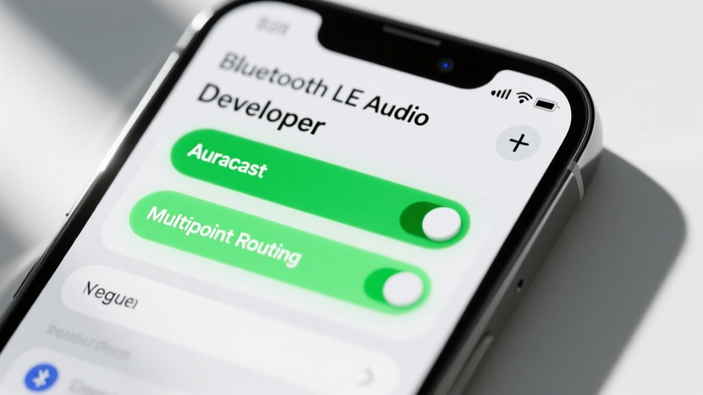 A smartphone screen showing a Bluetooth LE Audio developer menu with Auracast and multipoint routing toggles highlighted in green.