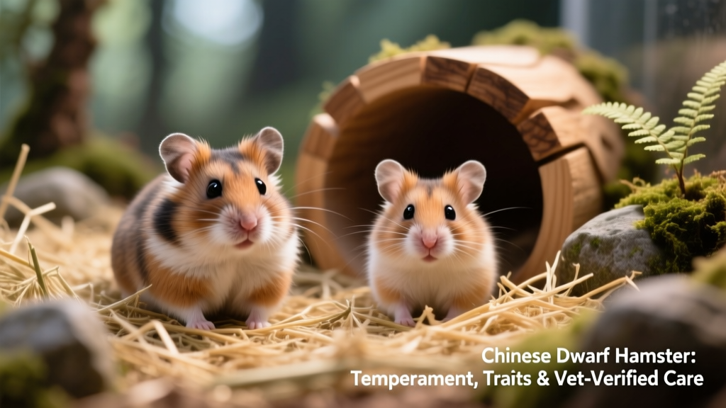 Side-by-side comparison of male and female Chinese dwarf hamsters in a naturalistic enclosure with nesting material and a wooden tunnel