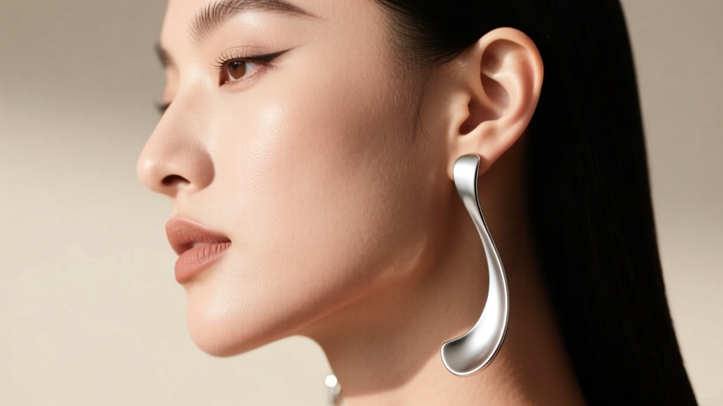 Side profile of a model wearing heavy spoon drop earrings, showing the earlobe supporting the curved pendulum weight of silver.