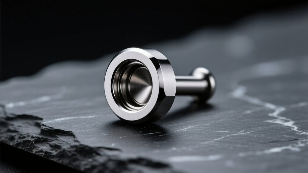 Macro shot of an ASTM F136 titanium labret stud with a polished bezel setting, resting on dark slate under soft studio lighting