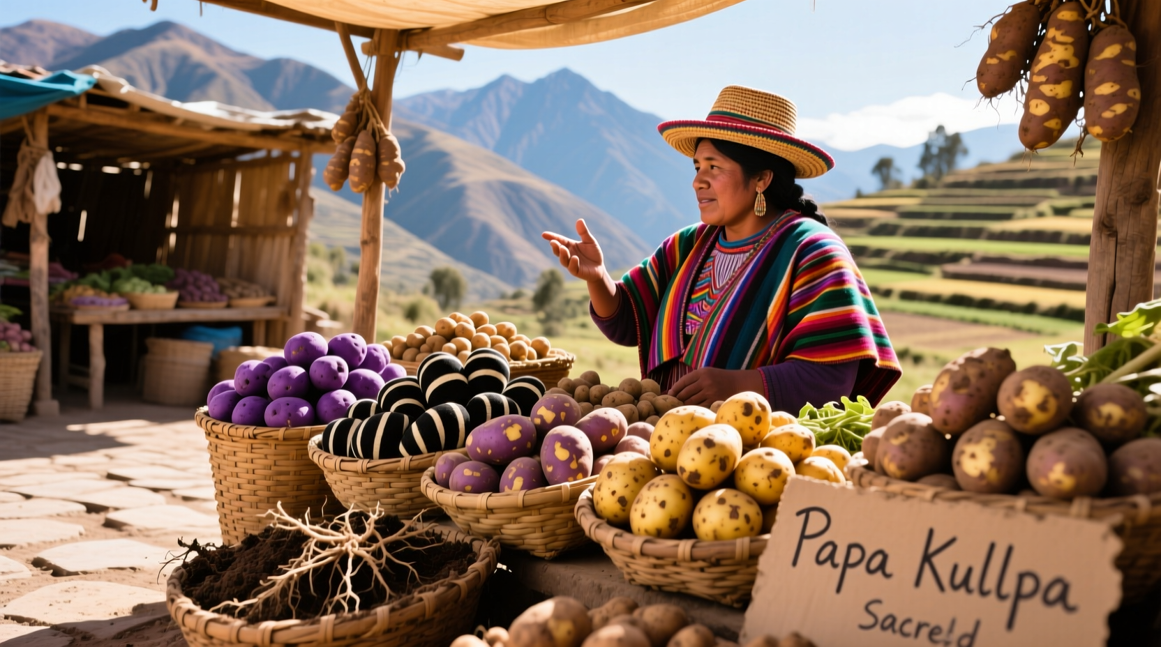 Ancient potato varieties displayed in Andean market