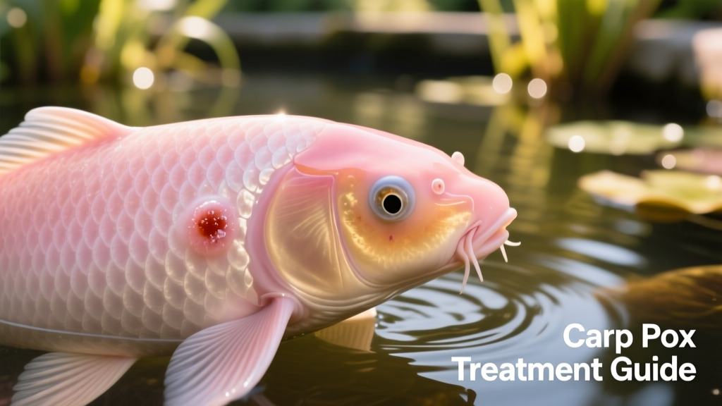 Close-up of smooth, waxy, pale pink carp pox lesions on a koi’s flank