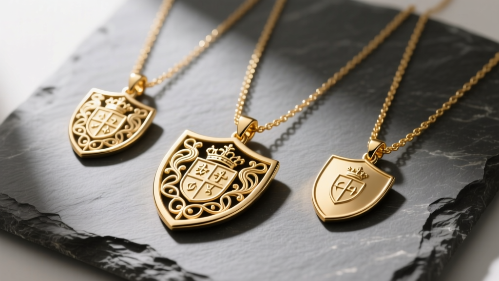 Flat lay of three gold vermeil shield necklaces in varying sizes resting on raw grey slate, highlighting engraved crest details