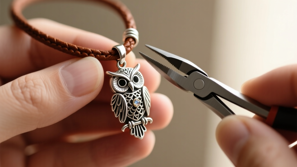 Close-up of hands using jewelry pliers to attach a metallic owl pendant to a brown leather cord using a wrapped wire loop