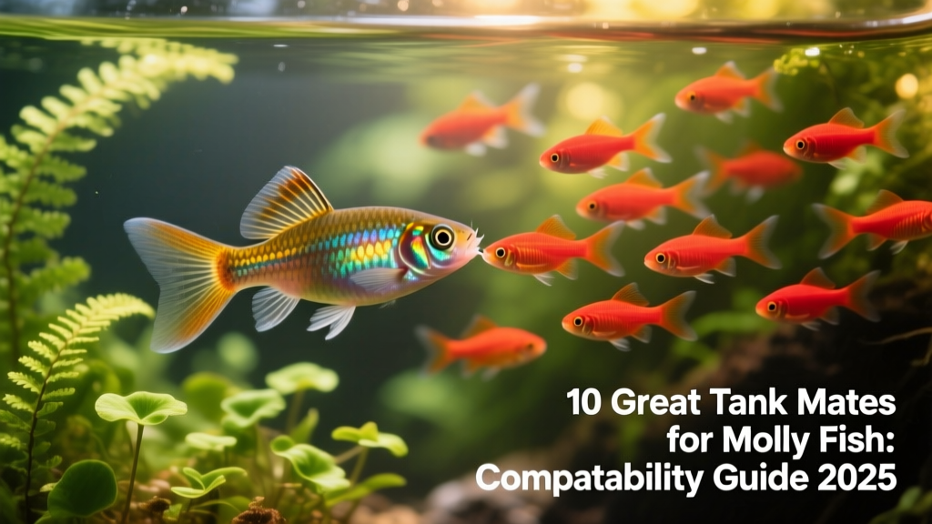Close-up of a sailfin molly interacting calmly with a school of ember tetras near aquatic plants