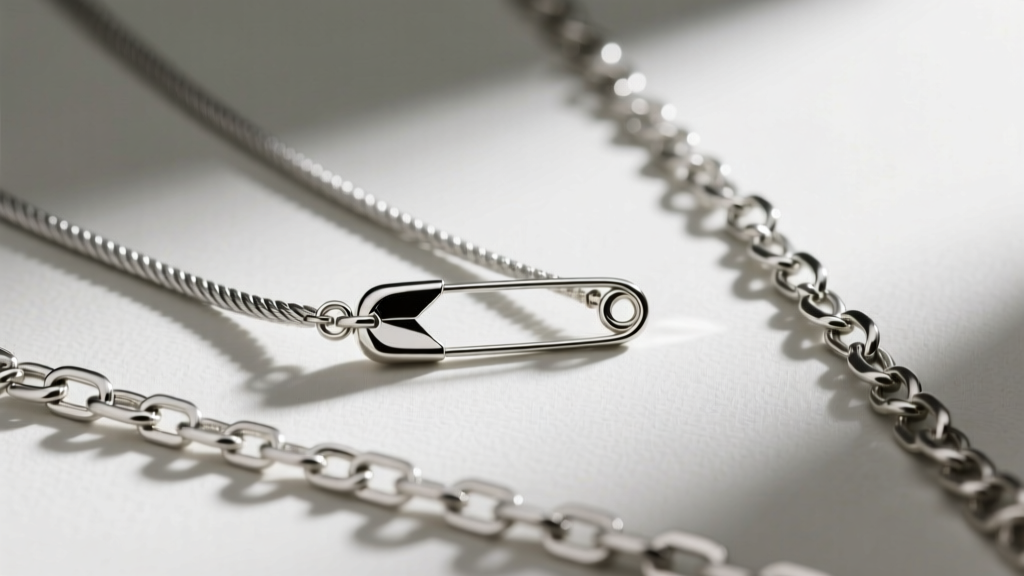 Flat lay of three silver chains, cable, curb, and rolo, threaded through the soldered bail of a minimalist safety pin pendant.