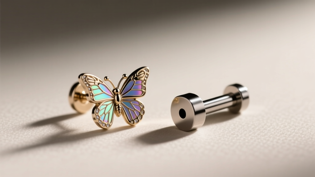 Close-up of a standard butterfly earring back next to a modern threadless flat-back labret post, highlighting the secure fit.