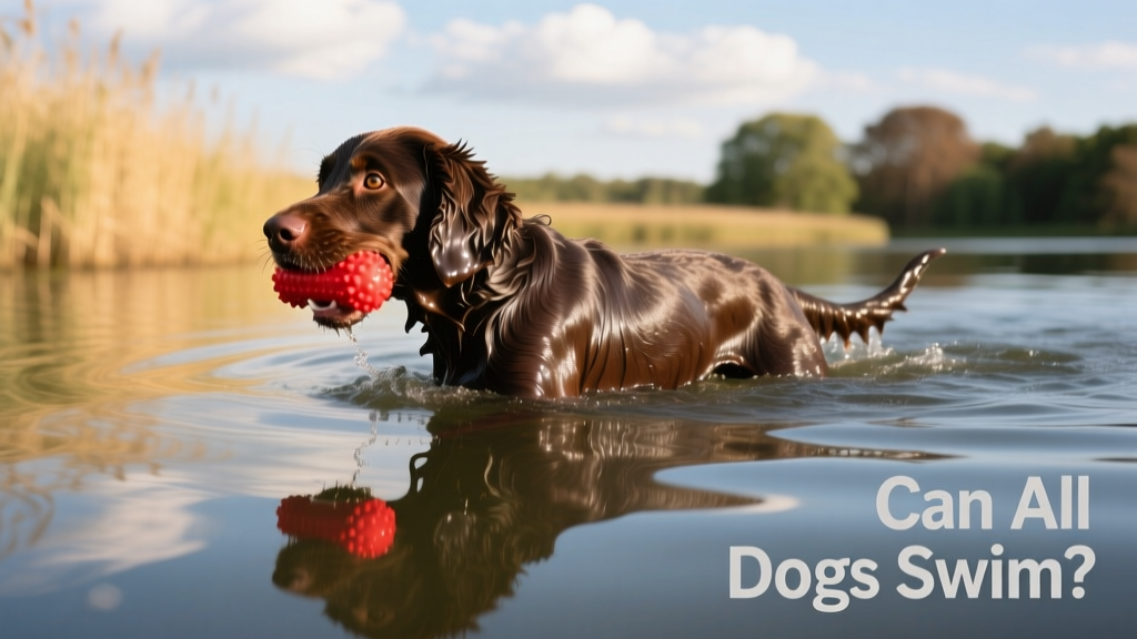 A Portuguese Water Dog retrieving a toy from calm lake water
