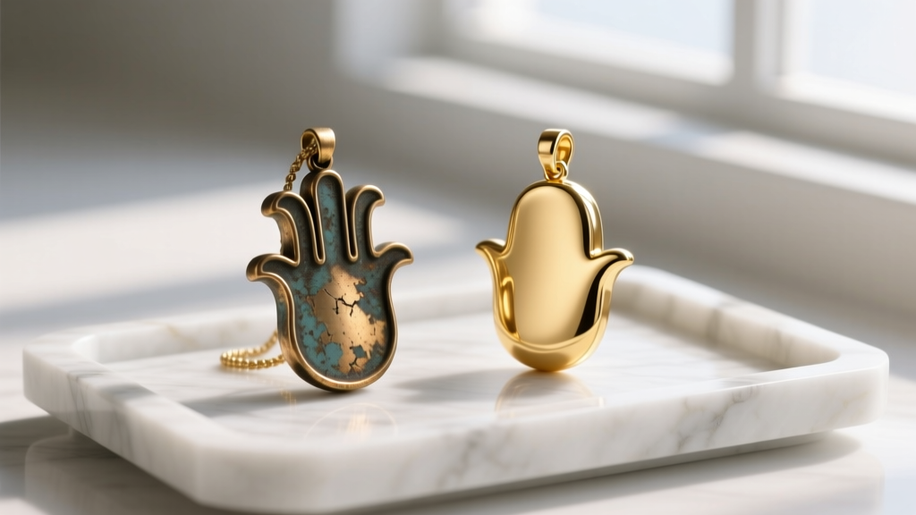 Macro shot of a tarnished brass hamsa pendant next to a pristine solid 14k gold hamsa on a white marble jewelry display tray.