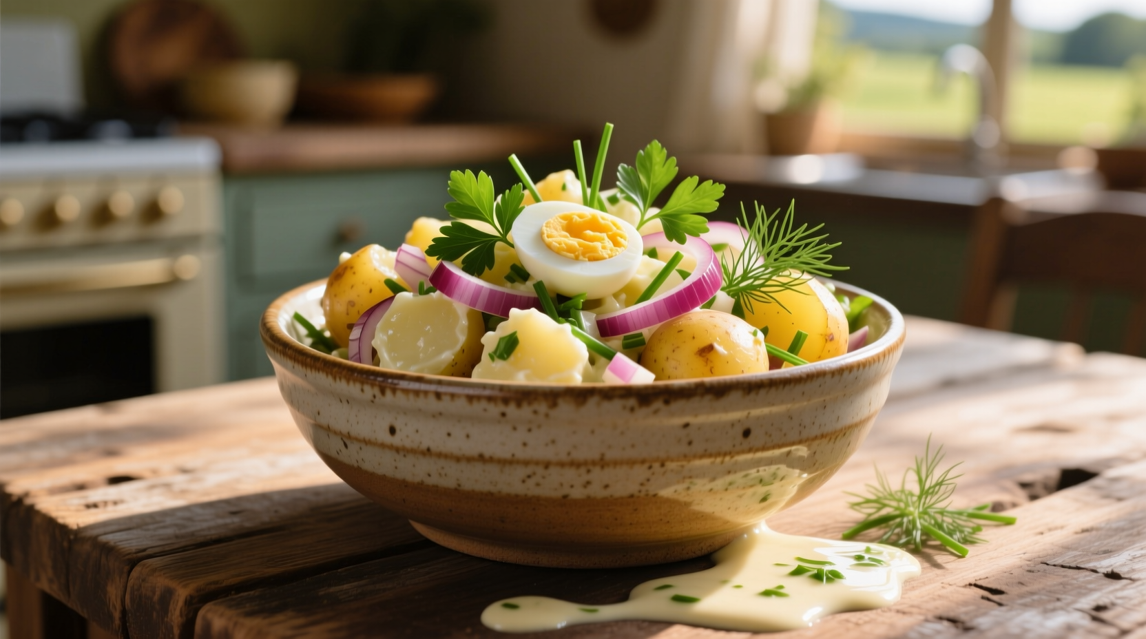 Warm potato salad in ceramic bowl with fresh herbs