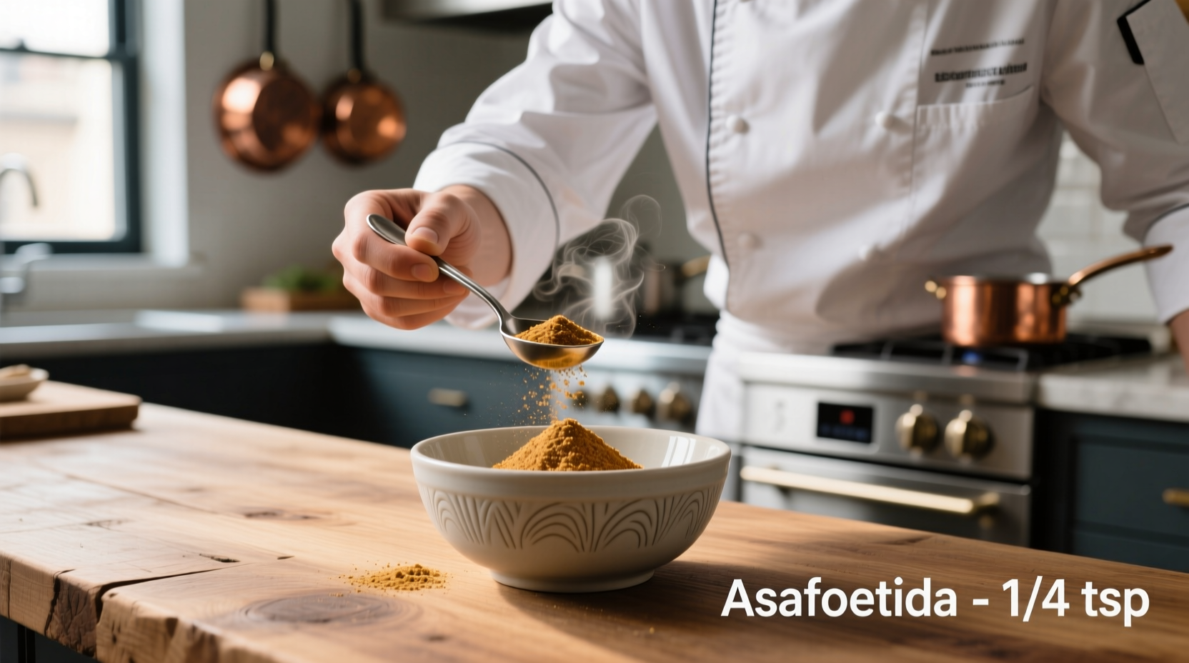 Chef measuring asafoetida powder in a small bowl