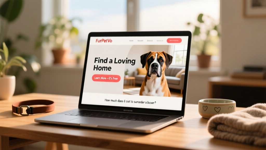 Laptop screen showing the FurPetVo homepage with a Boxer photo, 'Find a Loving Home' headline, and clear call-to-action button