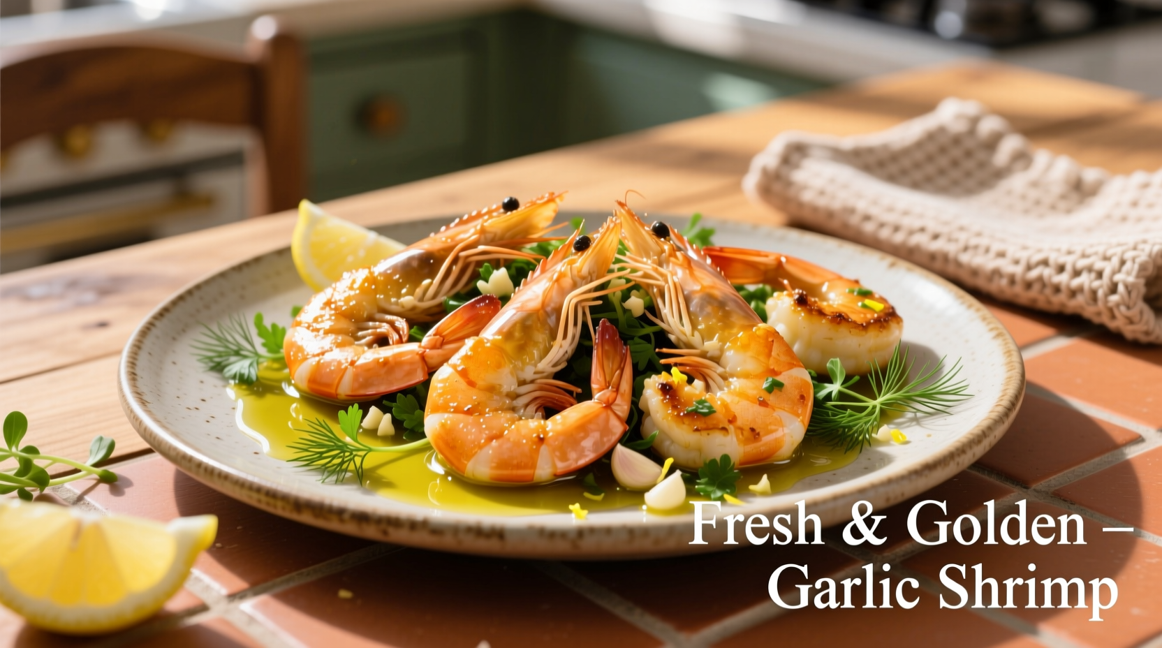 Golden garlic shrimp cooked in olive oil with fresh herbs