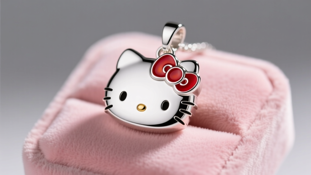 Close-up of 925 sterling silver Hello Kitty pendant with red enamel bow on pink velvet jewelry pad under soft studio lighting.