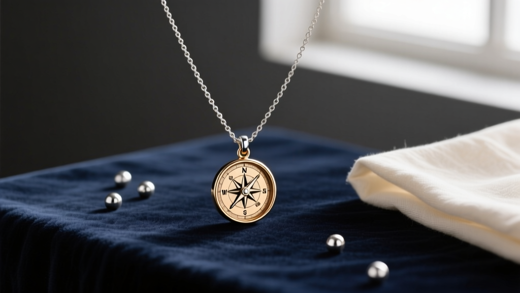 Elegant flat lay of a sterling silver charm necklace with a small compass pendant resting on dark velvet, soft warm lighting