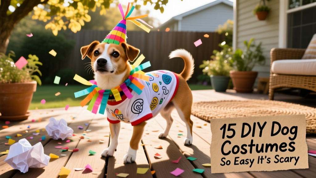 A small dog wearing a colorful piñata-themed costume made from a decorated T-shirt and tissue paper streamers