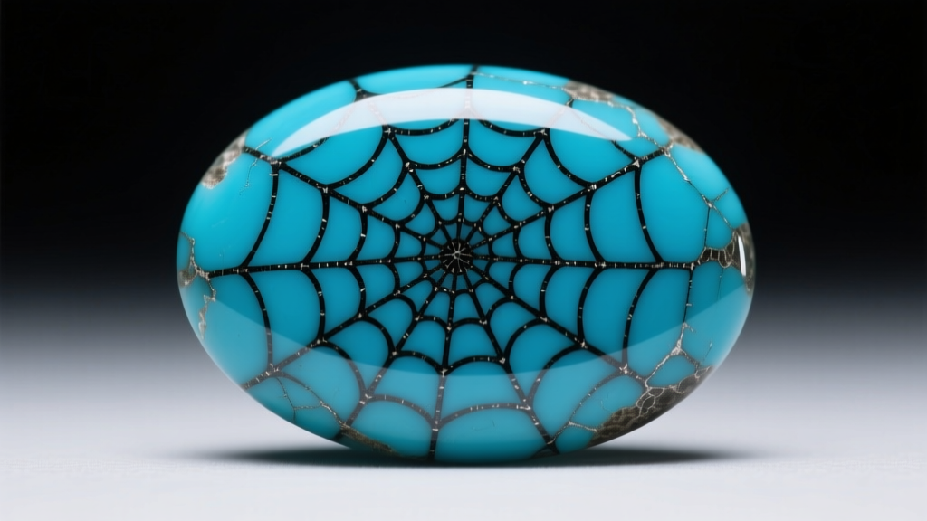 Macro photo of a high-grade Kingman turquoise cabochon showing intricate black spiderweb matrix patterns against a dark backdrop.