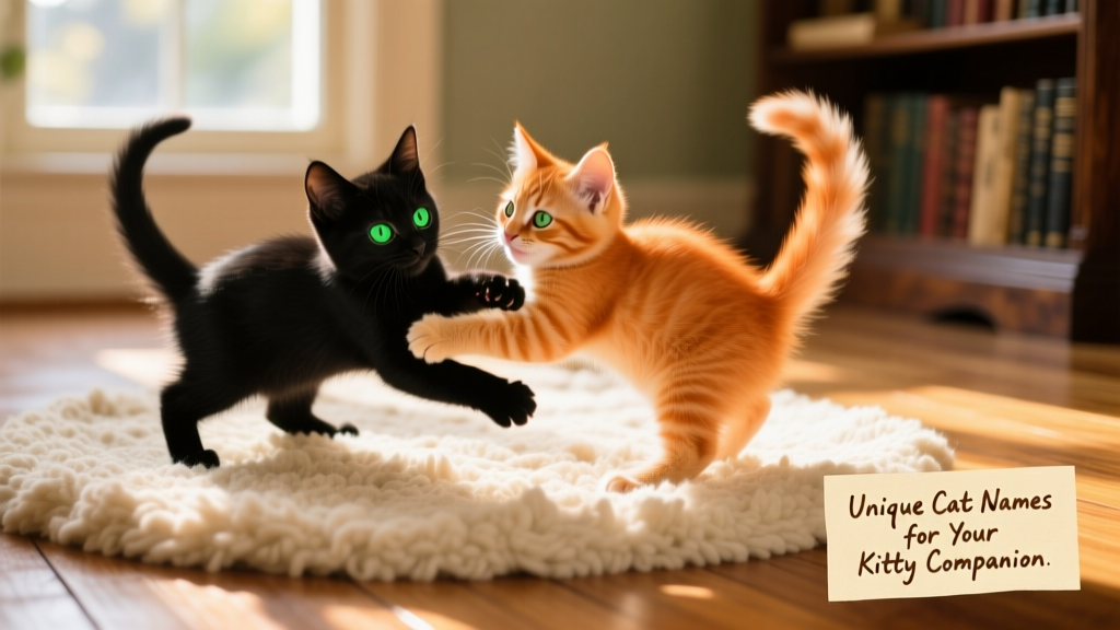 Two playful kittens—one black, one orange—tumbling together on a cozy rug