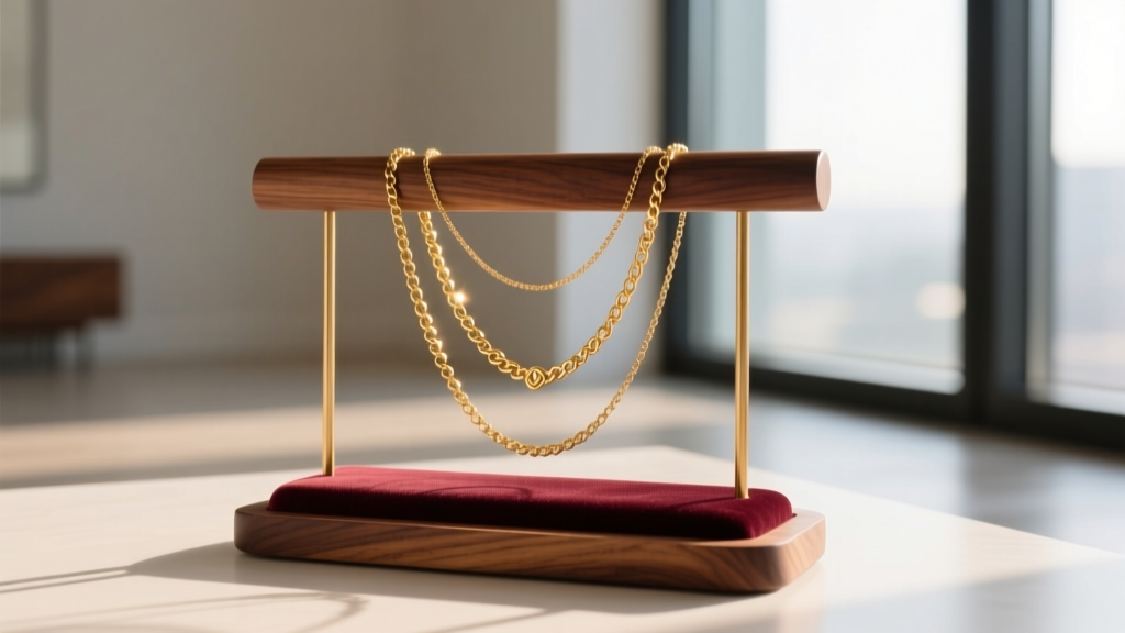 Elegant solid walnut necklace holder stand with a velvet-lined base, displaying three delicate gold chains in a sunlit room