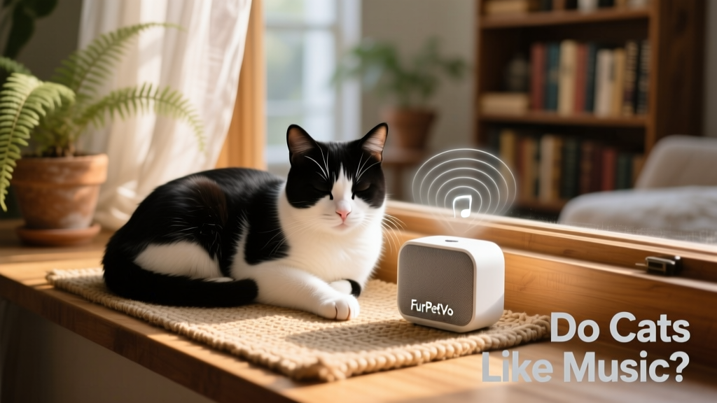 A serene indoor scene: a cat curled up on a sunlit windowsill, with a small FurPetVo speaker nearby playing softly