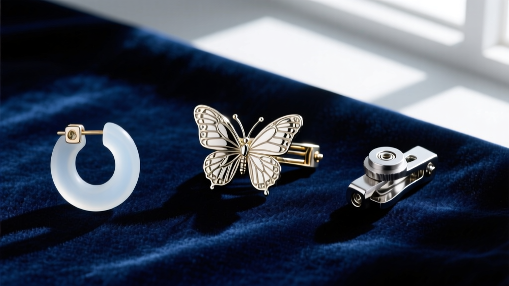 Flat lay of three earring backings: a butterfly clutch, a silicone O-ring, and a La pousette mechanism on dark velvet.