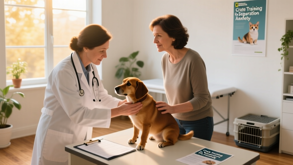 A veterinarian examining a dog while discussing a treatment plan with the owner