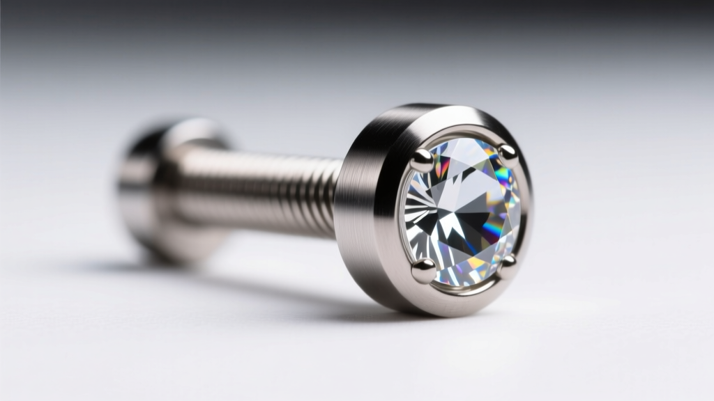 Macro shot of a 20-gauge ASTM F-136 titanium labret stud with bezel-set CZ, highlighting smooth threading and post thickness.