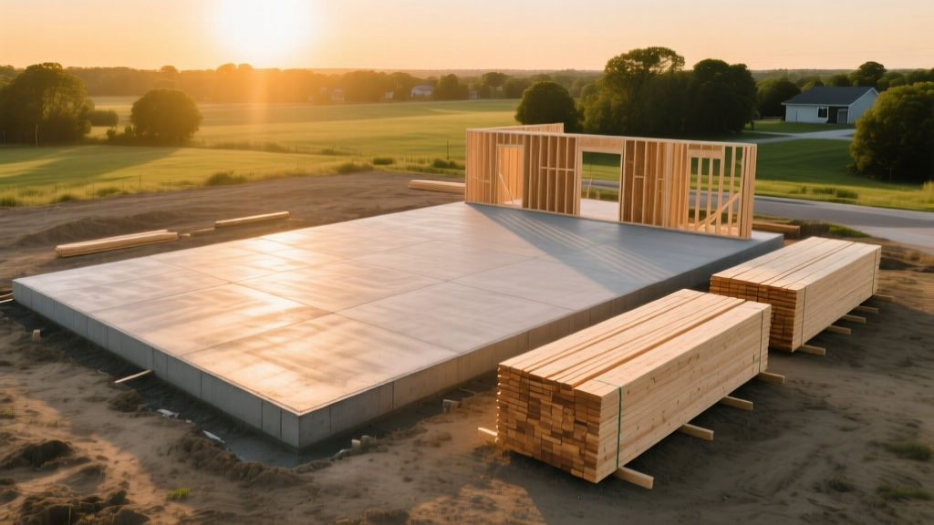 Aerial view of a cleared lot with a poured concrete slab foundation and stacked lumber ready for custom home framing
