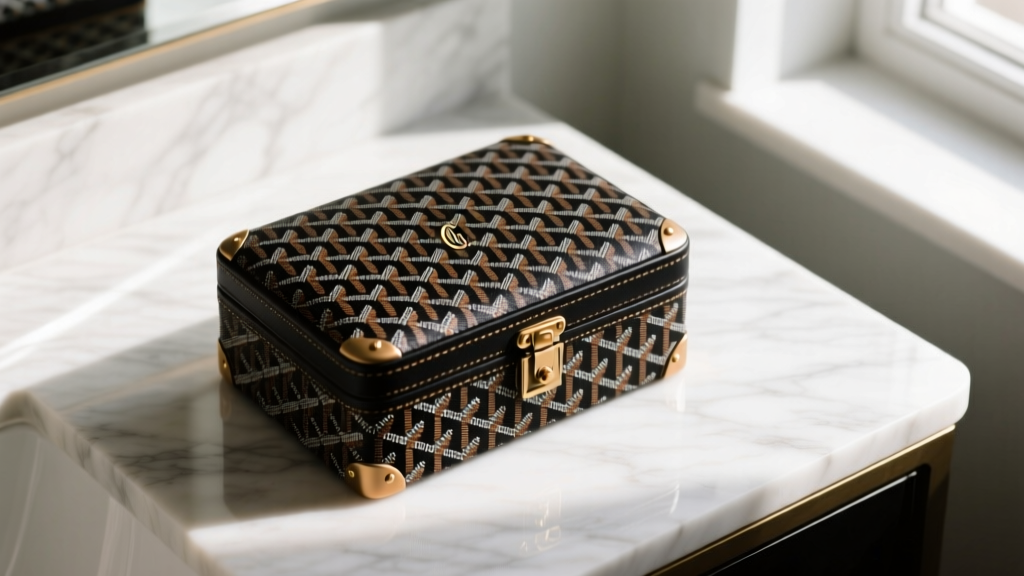 Top-down view of a vintage Goyard jewelry box featuring the classic black and tan Goyardine canvas, resting on a white marble vanity
