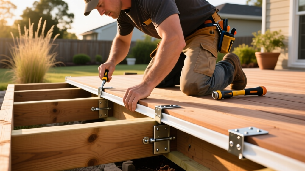 Contractor installing cellular PVC deck boards using hidden steel clips on a pressure-treated wood joist substructure outdoors