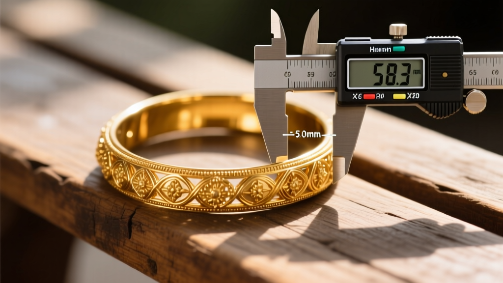 Macro shot of Indian gold-plated bangle measured with digital calipers on a wooden bench, showing exact inner diameter dimensions