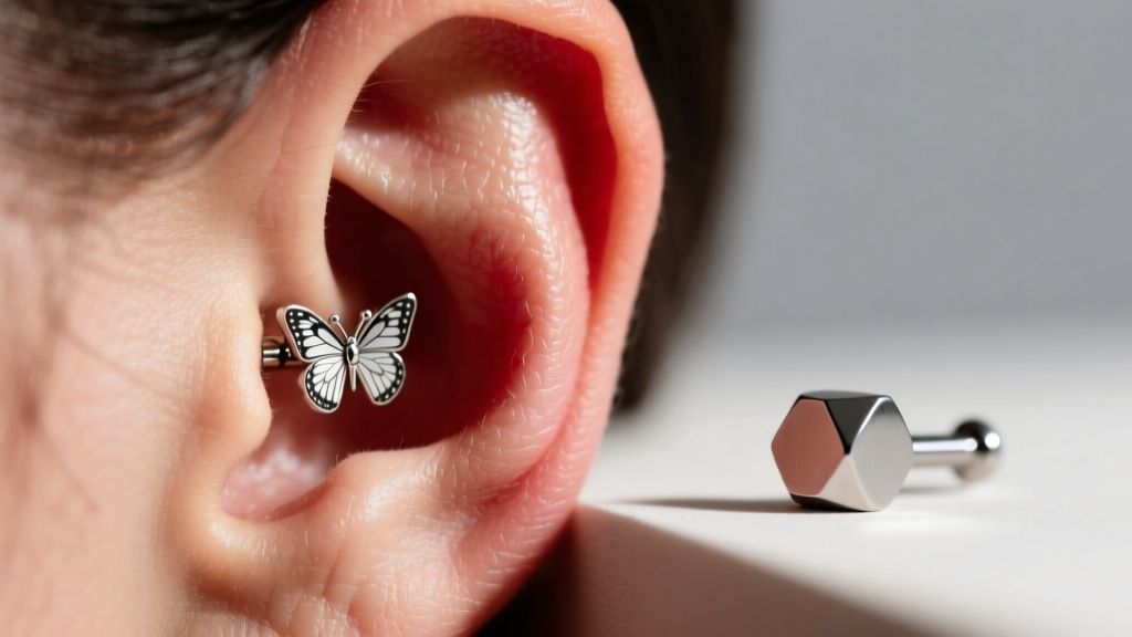 Macro shot of a swollen earlobe with a tight butterfly earring back digging into skin, beside a titanium flatback labret stud.