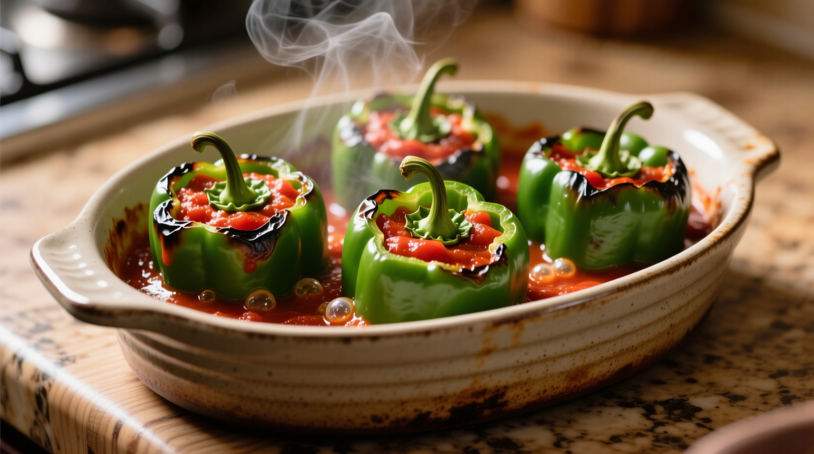 Stuffed green peppers in baking dish with tomato sauce