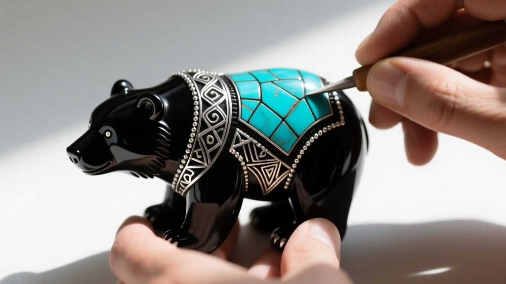 Hands polishing a Zuni bear carving of black jet and turquoise, highlighting the intricate silver inlay details on the carving back