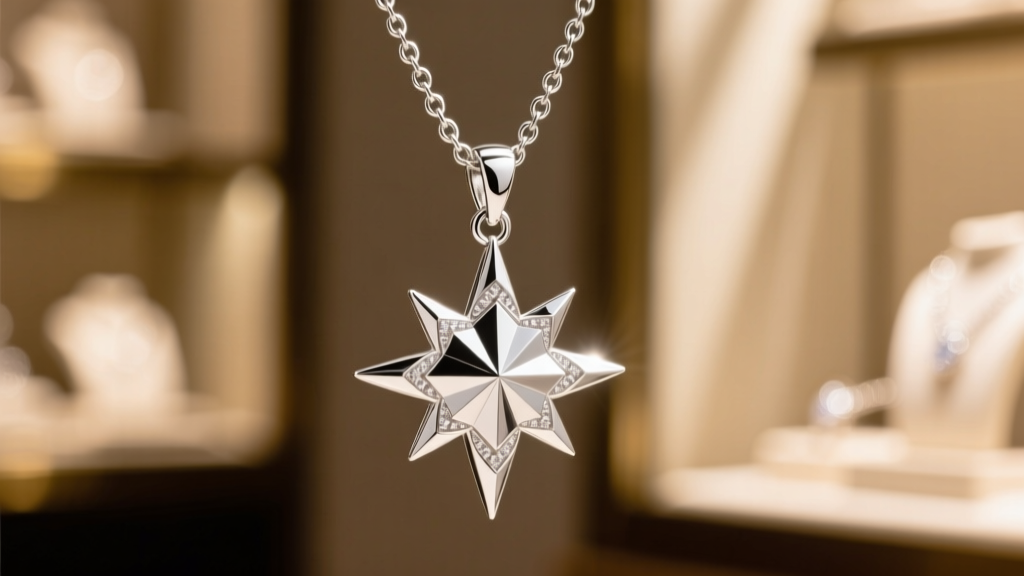 Sterling silver morning star pendant on an 18-inch rolo chain, showing a secure lobster clasp against a softly blurred backdrop.