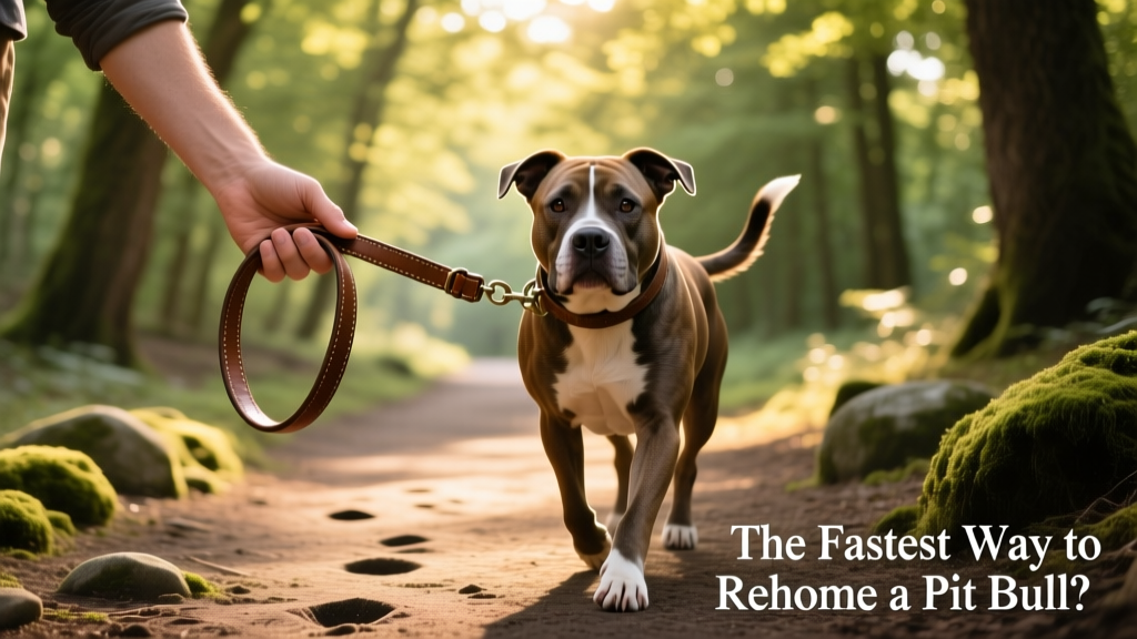 Two hands gently holding a leash while a friendly pit bull walks calmly beside them on a tree-lined path