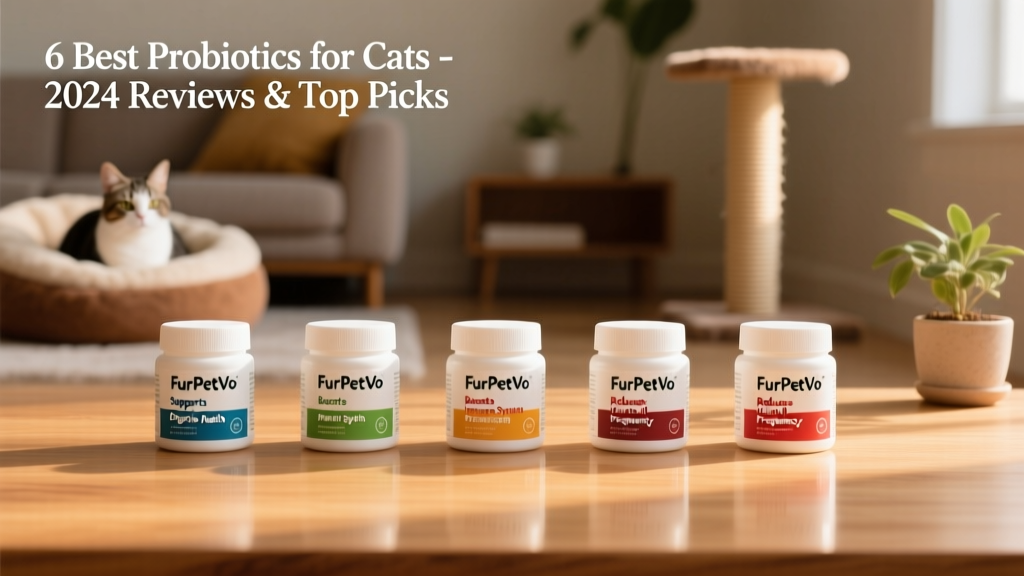 Side-by-side comparison of six FurPetVo probiotic products on a clean wooden surface, labeled with key benefits
