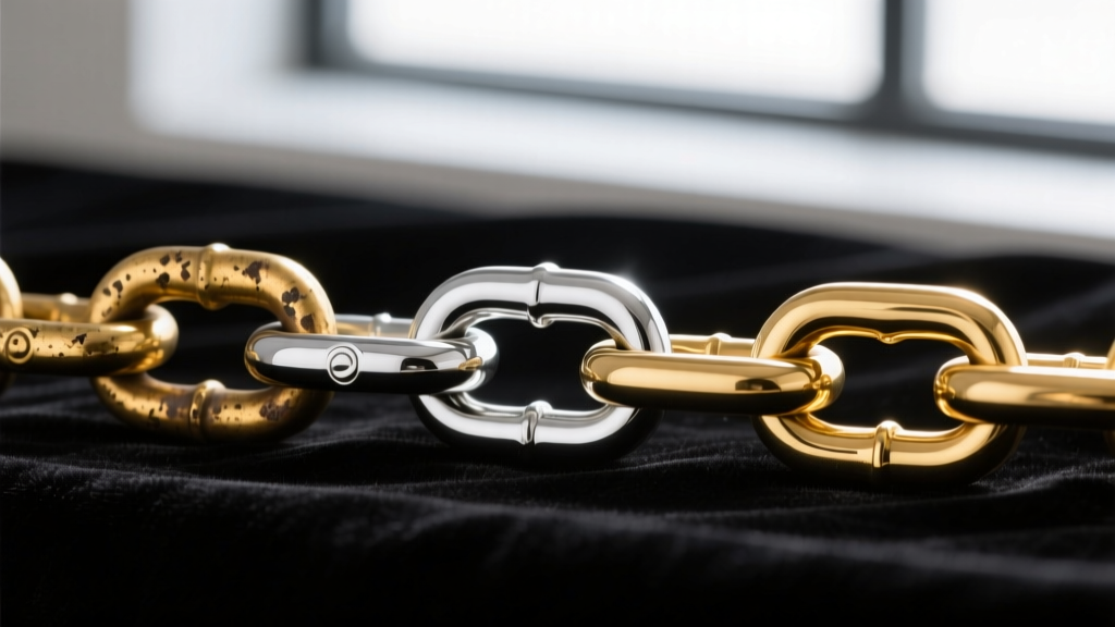 Macro shot comparing three chain links: tarnished gold-plated brass, bright sterling silver, and polished 14k gold on dark velvet.