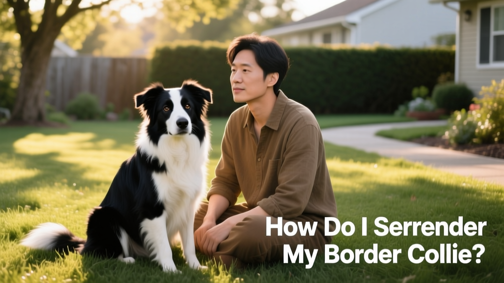 A calm Border Collie sitting beside its owner on a grassy yard, both looking gently at the camera