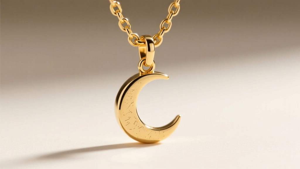 Macro shot of a 14k gold rolo chain link connecting to a moon pendant bail, showing the metal grain and spring ring clasp.