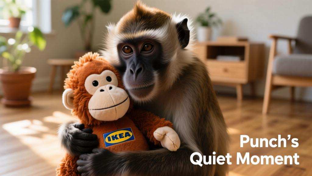Close-up photo of Punch the macaque gently hugging his IKEA orangutan plush toy, eyes calm and content