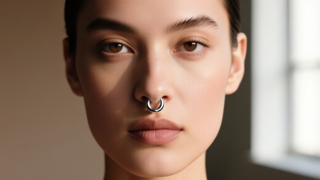 Front-facing portrait of a person wearing a perfectly fitted 10mm seamless septum hoop resting exactly at the base of the columella