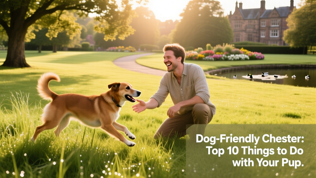 A pet parent and dog enjoying a sunny day in a spacious, grassy park in Chester.